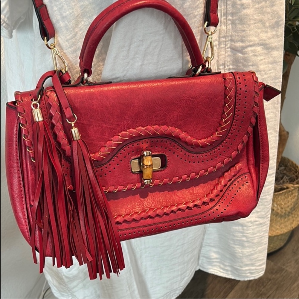 Elegant Red Vegan Leather Satchel with Tassels and Removable Shoulder Strap - Picture 3 of 9